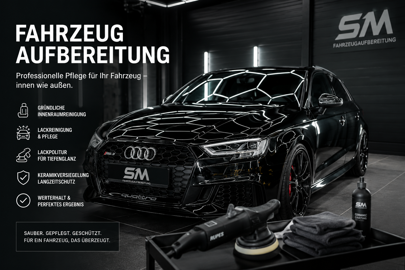 Professionelle Politur eines schwarzen Fahrzeugs